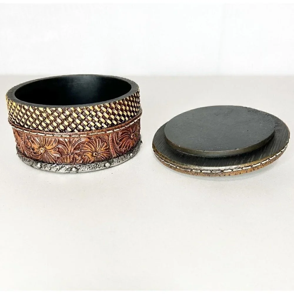 Midwest Seasons Tooled Leather Texture Round Resin Silver Star Trinket Box